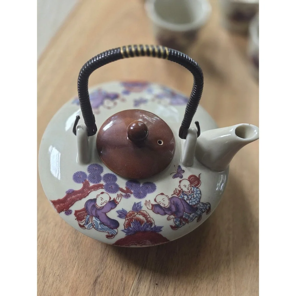 Vintage Japanese Ceramic Tea Set Karako Children Pine Tree Teapot and 4 Cups